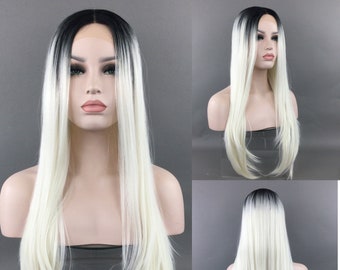 Luxurious LACE-FRONT Center Part High-Heat Synthetic Fiber Long Wig - Black/Platinum Blond Ombre