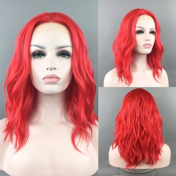 Luxurious LACE-FRONT Center Part High-Heat Synthetic Fiber Wavy Long Bob Wig Cherry Red