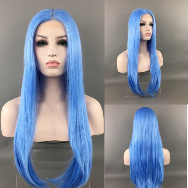 Luxurious LACE-FRONT Center Part High-Heat Synthetic Fiber Long Wig - Blue