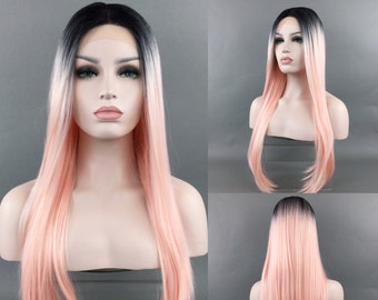 Luxurious LACE-FRONT Center Part High-Heat Synthetic Fiber Long Wig - Black/Pink Ombre