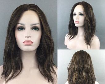 Luxurious LACE-FRONT Center Part High-Heat Synthetic Fiber Wavy Long Bob Wig - Caramel Highlight