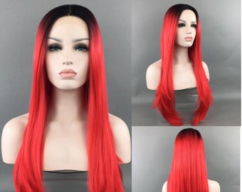 Luxurious LACE-FRONT Center Part High-Heat Synthetic Fiber Long Wig - Black/Cherry Red Ombre