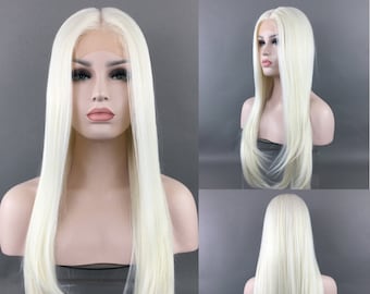 Luxurious LACE-FRONT Center Part High-Heat Synthetic Fiber Long Wig - Platinum