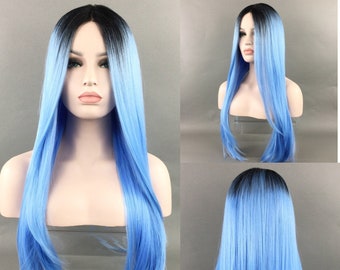Luxurious LACE-FRONT Center Part High-Heat Synthetic Fiber Long Wig - Black/Blue Ombre