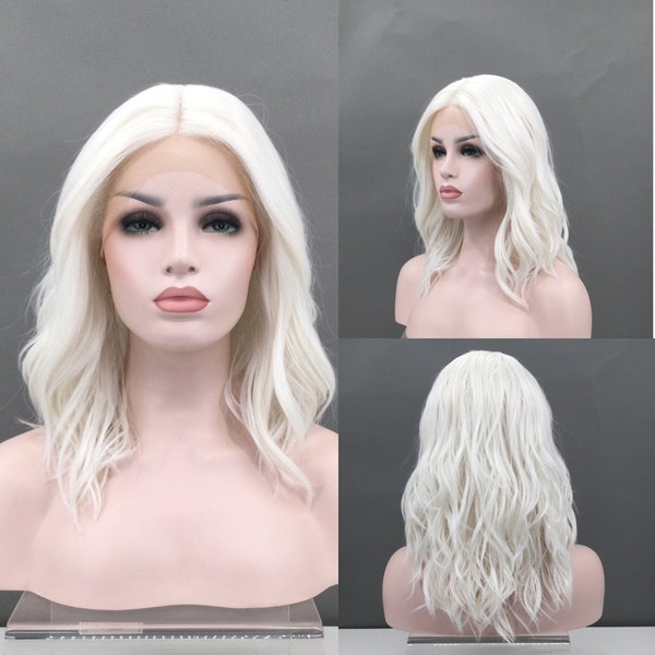 Luxurious LACE-FRONT Center Part High-Heat Synthetic Fiber Wavy Long Bob Platinum Blond Wig 613A