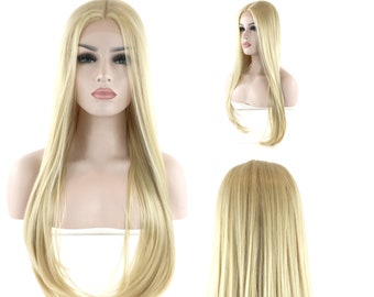 Luxurious LACE-FRONT Center Part High-Heat Synthetic Fiber Long Wig - Blonde