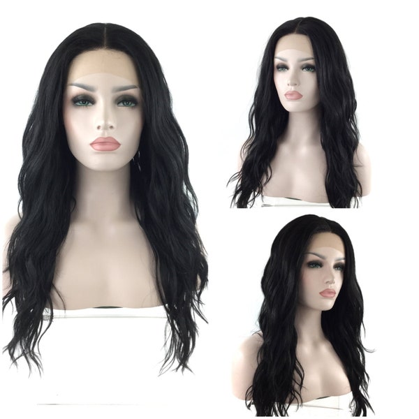 Luxurious LACE-FRONT Mono Lace-Part High-Heat Synthetic Fiber Celebrity Wavy Wig Black