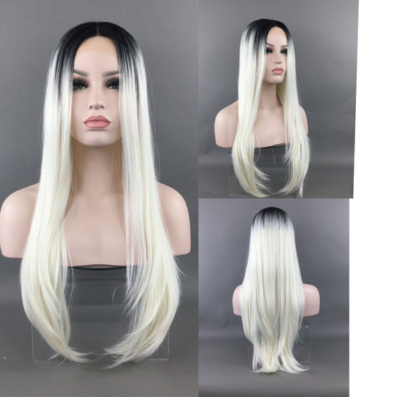 Luxurious LACE-FRONT Center Part High-Heat Synthetic Fiber Long Wig - Black/Platinum Blond Ombre