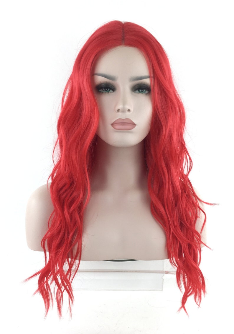 May include: A long, wavy, bright red wig with a lace front.