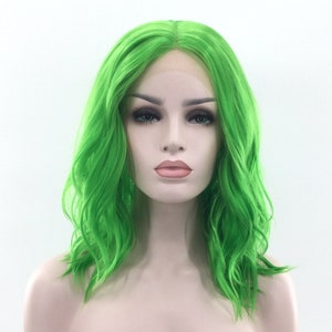 May include: A bright green, wavy, shoulder-length synthetic wig with a lace front.