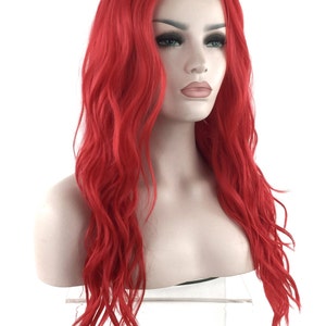 May include: A long, wavy, bright red wig with a lace front.