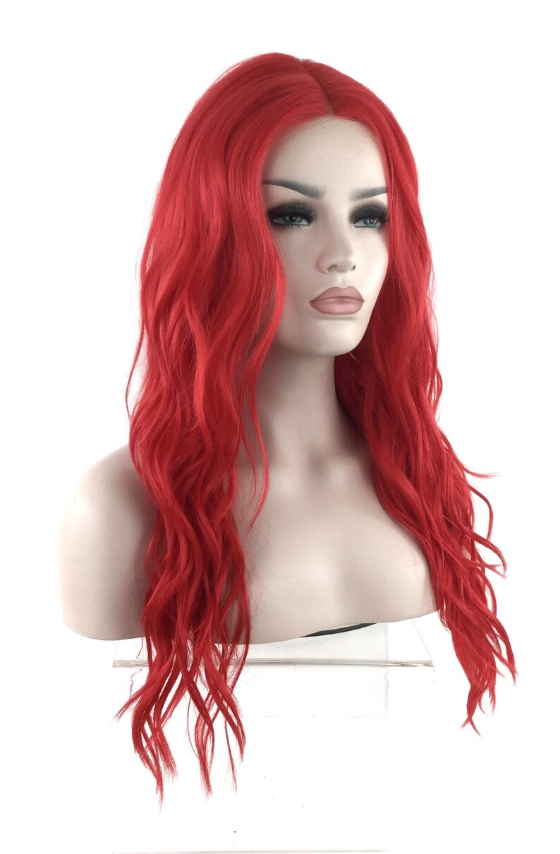 May include: A long, wavy, bright red wig with a lace front.