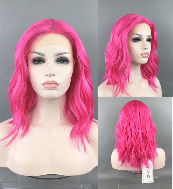 Luxurious LACE-FRONT Center Part High-Heat Synthetic Fiber Wavy Long Bob Wig Hot Pink