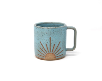 Sunrise Mug - Sky Blue, Handmade, Wheel Thrown, Food Safe Glazes, Dishwasher and Microwave Safe, Ready to Ship, Recyclable Packing