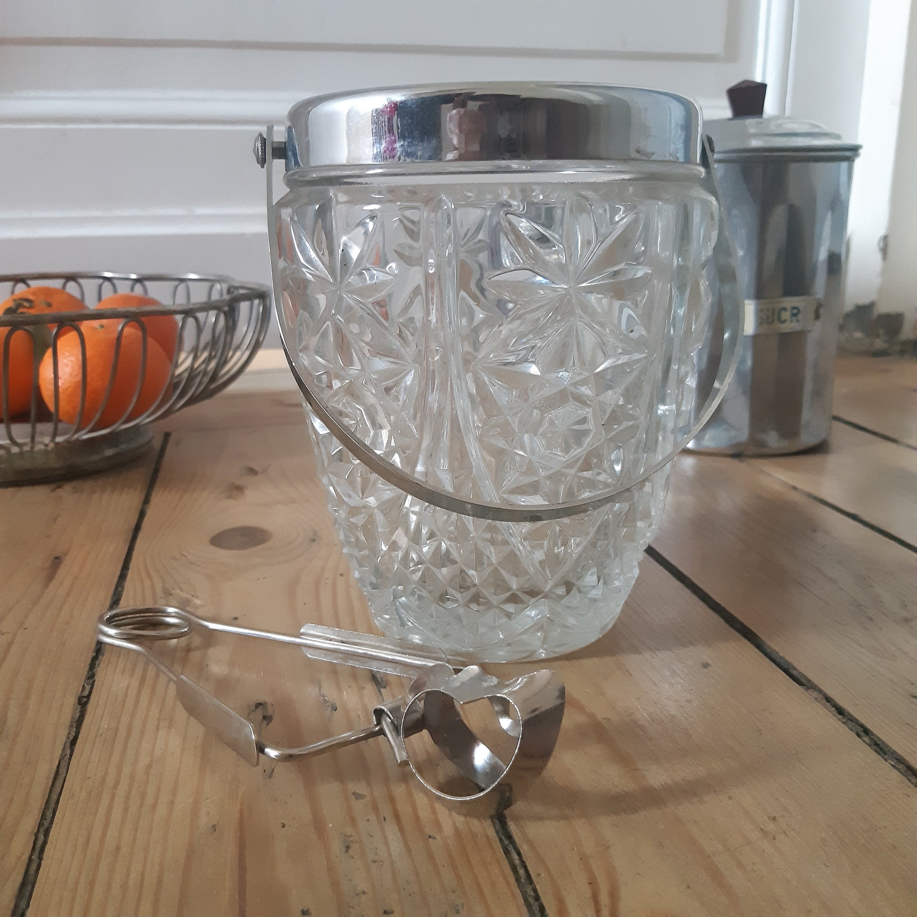 Seau à Glaçon avec Cuiller Glace, Seau Glace Art Déco en Verre, Pot Bonbonnière, Vase Vintage