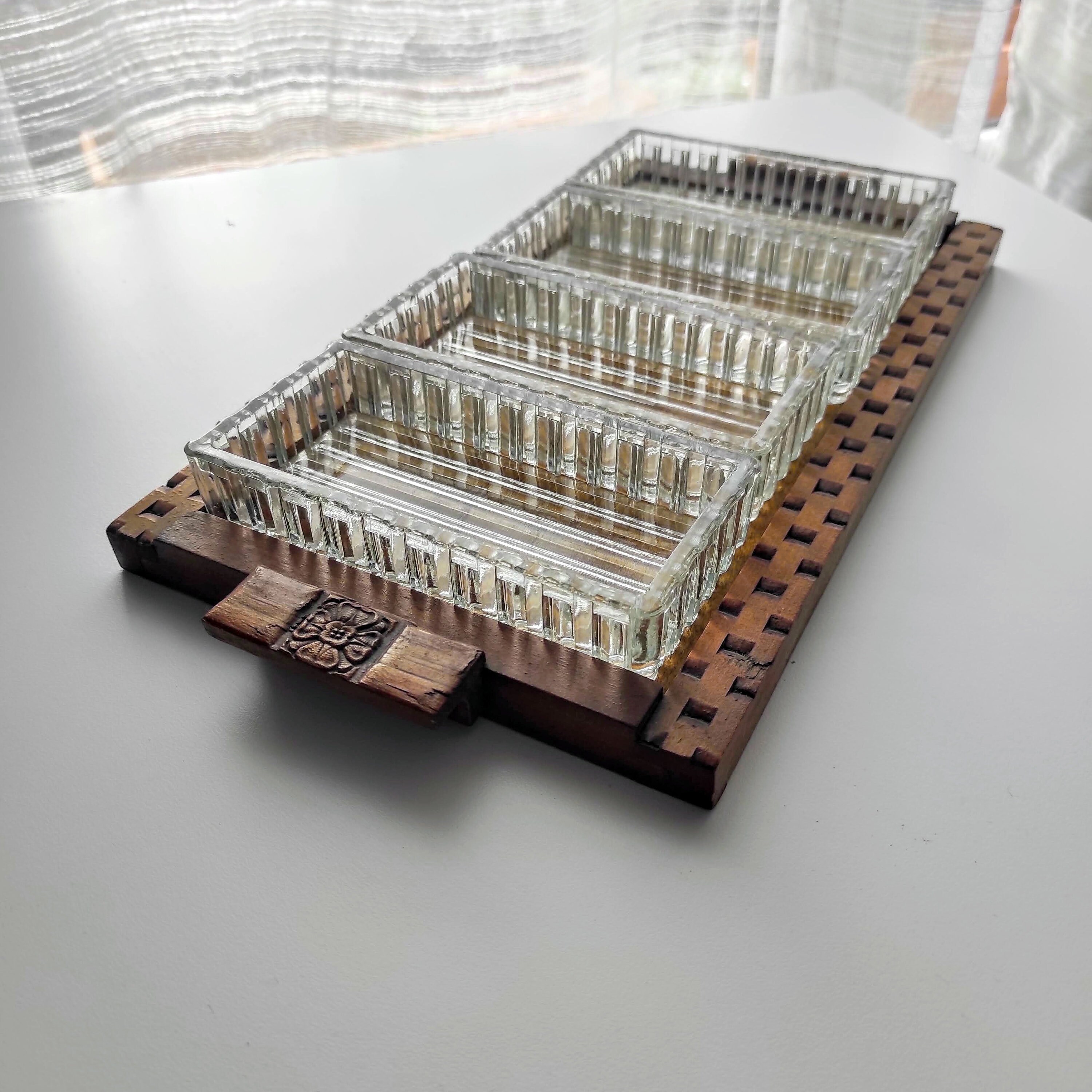 Magnifique Plateau Art Déco en Bois Sculpté et Verre Ciselé, 1930, Vintage Bois, Verre, Deco