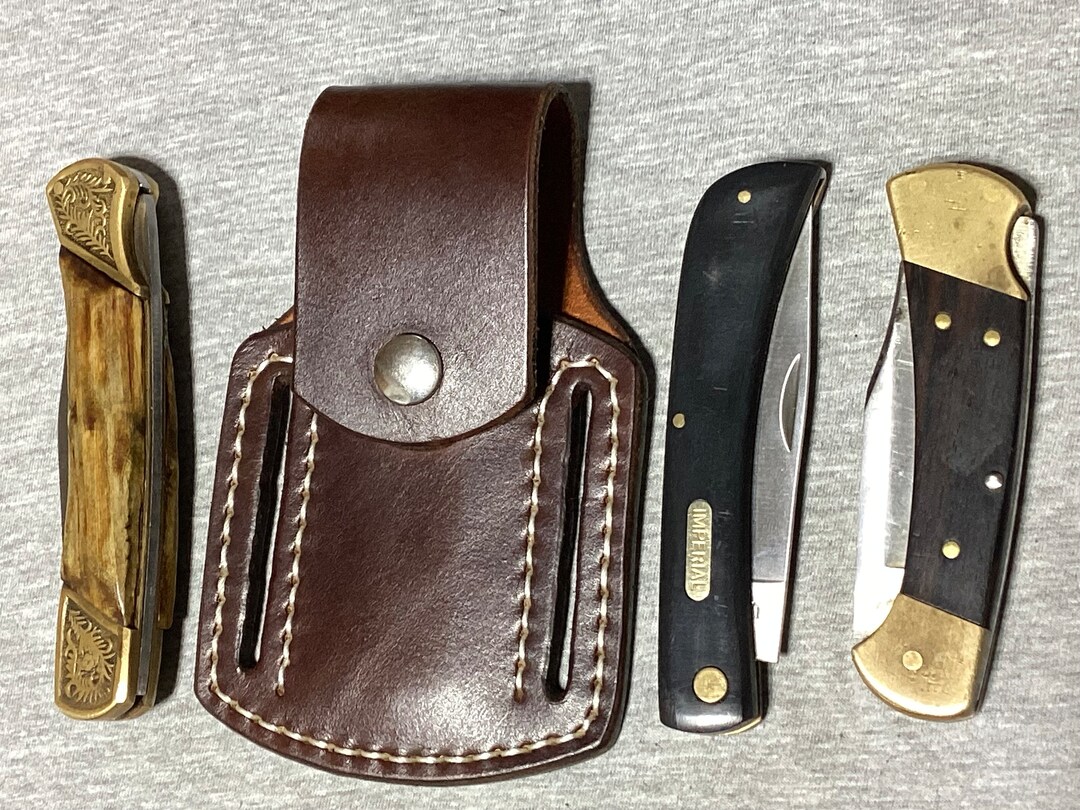 Custom Leather Pancake Pocket Knife Sheath Handmade Buck 110 Etsy