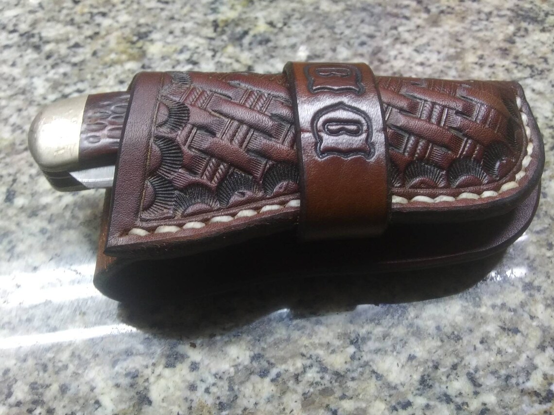 Custom Leather Belt Pocket Knife Case Sheath Handmade Trapper Etsy