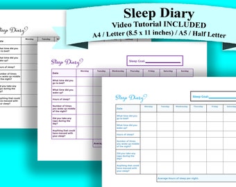 May include: Printable sleep diary tracker with a purple and white design. The tracker includes a section for daily sleep goals, hours of sleep, and notes on sleep quality. The text "Sleep Diary" is at the top of the page.