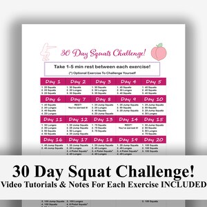 30 Day Squat Challenge PRINTABLE + Exercise Video Tutorials Included