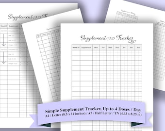 Suplemento para impressão e rastreador de vitaminas | Registro semanal de medicamentos | Rastreador de Medicamentos e Comprimidos