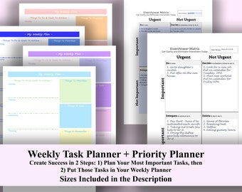 Afdrukbare wekelijkse planner + Priority Planner-bundel | Eisenhower Matrix + wekelijkse doelplanner