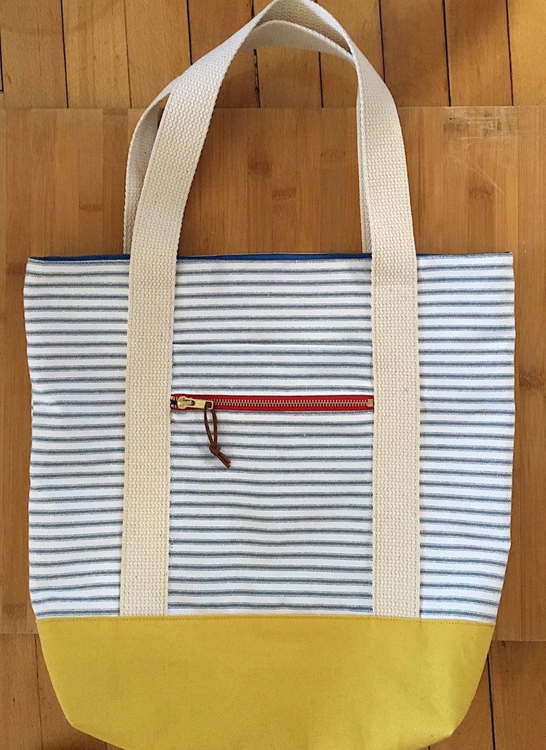 Canvas Zip Pocket Tote Fabric Bag Classic Blue Stripes | Etsy