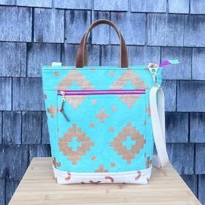 Bolso tote Finley / Bandolera / Asas de cuero / Lona / Azulejo metalizado / Aguamarina brillante y oro rosa