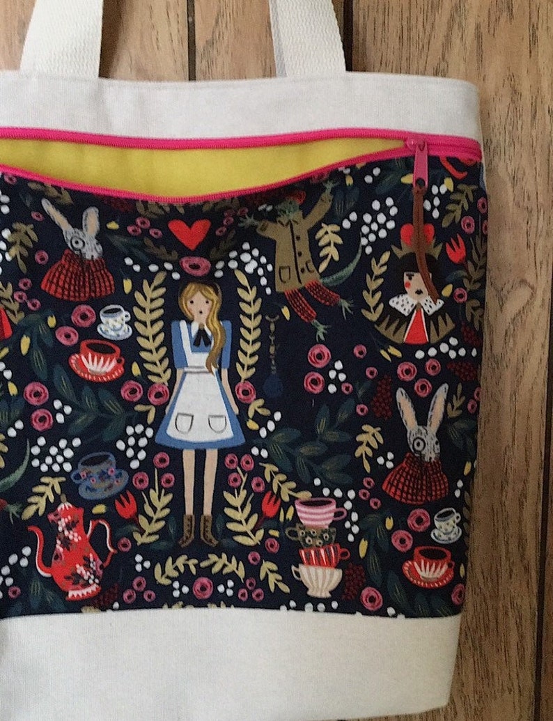 Large Zipper Pocket Canvas Tote Rifle Paper Co Alice in Wonderland