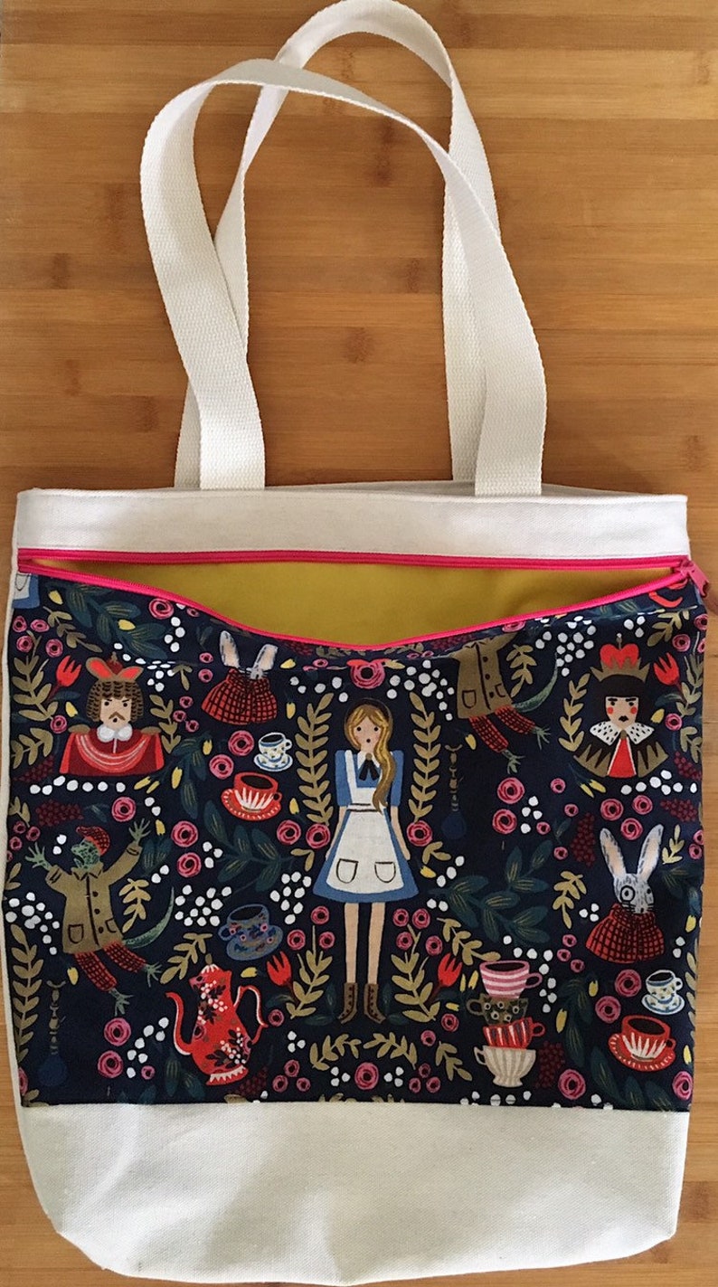 Large Zipper Pocket Canvas Tote Rifle Paper Co Alice in Wonderland
