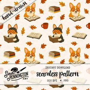 Autumn Corgis Seamless Pattern: Bookish Fall Digital Paper (PNG, 12x12 inches) Tiled Repeat