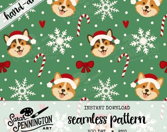 Modèle sans couture de Noël Corgi - Papier numérique de vacances avec chapeaux de père Noël, cannes de bonbon, flocons de neige et noeuds