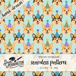 Corgi födelsedagssömlöst mönster – Hundfesthattar PNG för sublimering