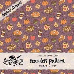 May include: A hand-drawn seamless pattern featuring fall-themed illustrations. The design includes pumpkins, pie, coffee cups, apples, and maple leaves in shades of orange, brown, and red on a purple background. The text "hand-drawn" is visible.