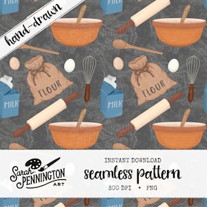 May include: A seamless pattern featuring hand-drawn illustrations of baking ingredients and tools on a dark gray background. The pattern includes flour sacks, rolling pins, mixing bowls, whisks, milk cartons, and eggs.