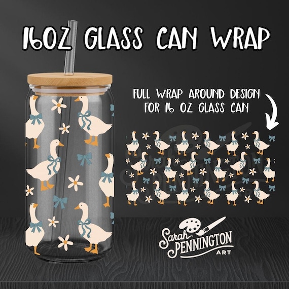 Coquette Goose Glass Can Wrap – 16oz Cup Sublimation Design Vintage Farmhouse Charm