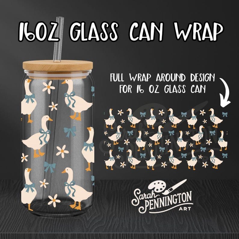 May include: A clear 16 oz glass can wrap with a bamboo lid and straw. The wrap features a pattern of white geese with blue bows and white flowers. The text "16OZ GLASS CAN WRAP" is at the top.