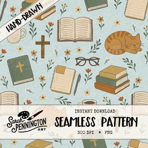 Pode incluir: Padrão sem costura com ilustrações desenhadas à mão de livros, uma cruz, um gato, óculos, flores e um bloco de notas sobre um fundo azul claro. O texto "HAND-DRAWN" é visível. As palavras "SEAMLESS PATTERN" também são visíveis.