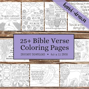 May include: A collection of 25+ Bible verse coloring pages, featuring hand-drawn illustrations and inspirational quotes. Each page is 8.5 x 11 inches and includes verses like "Faith can move mountains." Perfect for relaxation and spiritual reflection.