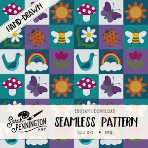 May include: A seamless pattern design featuring repeating squares with whimsical illustrations. The pattern includes mushrooms, butterflies, bees, flowers, birds, rainbows, and suns in a colorful palette of teal, purple, orange, and white. The text "HAND-DRAWN" and "SEAMLESS PATTERN" are also visible.