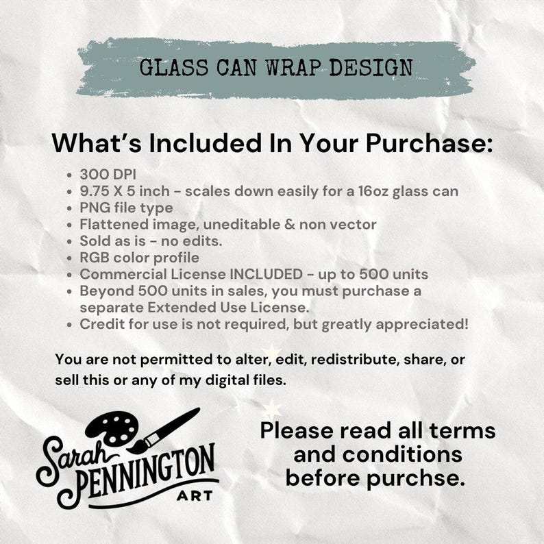 May include: A digital design for a glass can wrap, with the text "GLASS CAN WRAP DESIGN" at the top. The image includes details about the purchase, such as file type, size (9.75 x 5 inches), and license information. The artist's logo is at the bottom.