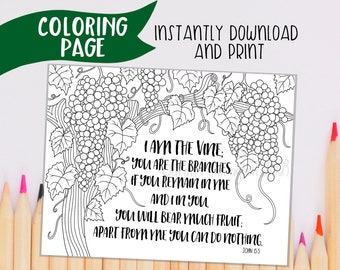 I Am The Vine - PRINTABLE COLORING PAGE - Instant Download - Christian Coloring Sheet - Adult Coloring Page Line Art - Bible School Study