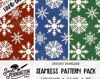 Peut inclure: Un pack de motifs sans couture avec des flocons de neige blancs sur des fonds rouges, bleus et verts. Les mots "HAND-DRAWN" et "SEAMLESS PATTERN PACK" sont visibles. Le pack comprend 3 couleurs, 300 DPI et format PNG.