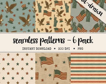 Patriotic Seamless Pattern Bundle – Vintage Americana Digital Paper Set with Eagles, Flags & Stars