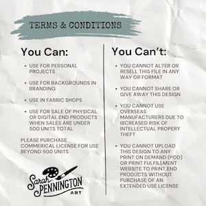 Peut inclure: Un graphique blanc et gris avec le texte "TERMS & CONDITIONS" dans un encadr&eacute; bleu. Le graphique liste ce qui est autoris&eacute; et ce qui n'est pas autoris&eacute; pour l'utilisation d'un design num&eacute;rique. Le graphique comprend le texte "Sarah PENNINGTON ART".