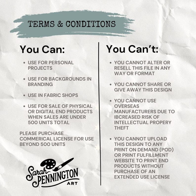 Peut inclure: Un graphique blanc et gris avec le texte "TERMS & CONDITIONS" dans un encadr&eacute; bleu. Le graphique liste ce qui est autoris&eacute; et ce qui n'est pas autoris&eacute; pour l'utilisation d'un design num&eacute;rique. Le graphique comprend le texte "Sarah PENNINGTON ART".