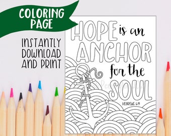 Hope is an Anchor for the Soul PRINTABLE COLORING PAGE - Instant Download - Christian Coloring Sheet - Adult Coloring Page Line Art - Bible