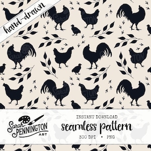 Könnte beinhalten: Ein nahtloses Muster mit schwarzen Silhouetten von Hühnern, Hähnen und Küken auf beigefarbenem Hintergrund. Das Muster enthält auch schwarze, stilisierte Zweige mit Blättern.