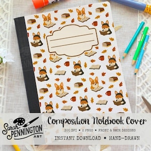 May include: Composition notebook cover featuring a repeating pattern of corgi dogs wearing glasses and reading books, with coffee cups and autumn leaves on a white background. The notebook has a black spine and a blank label. The text "Composition Notebook Cover" is visible.