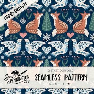 Peut inclure: Motif sans couture avec des renards, des colombes, des flocons de neige et des cœurs sur fond bleu marine. Le motif comprend le texte "HAND-DRAWN" et "SEAMLESS PATTERN". L'œuvre est de Sarah Pennington Art.